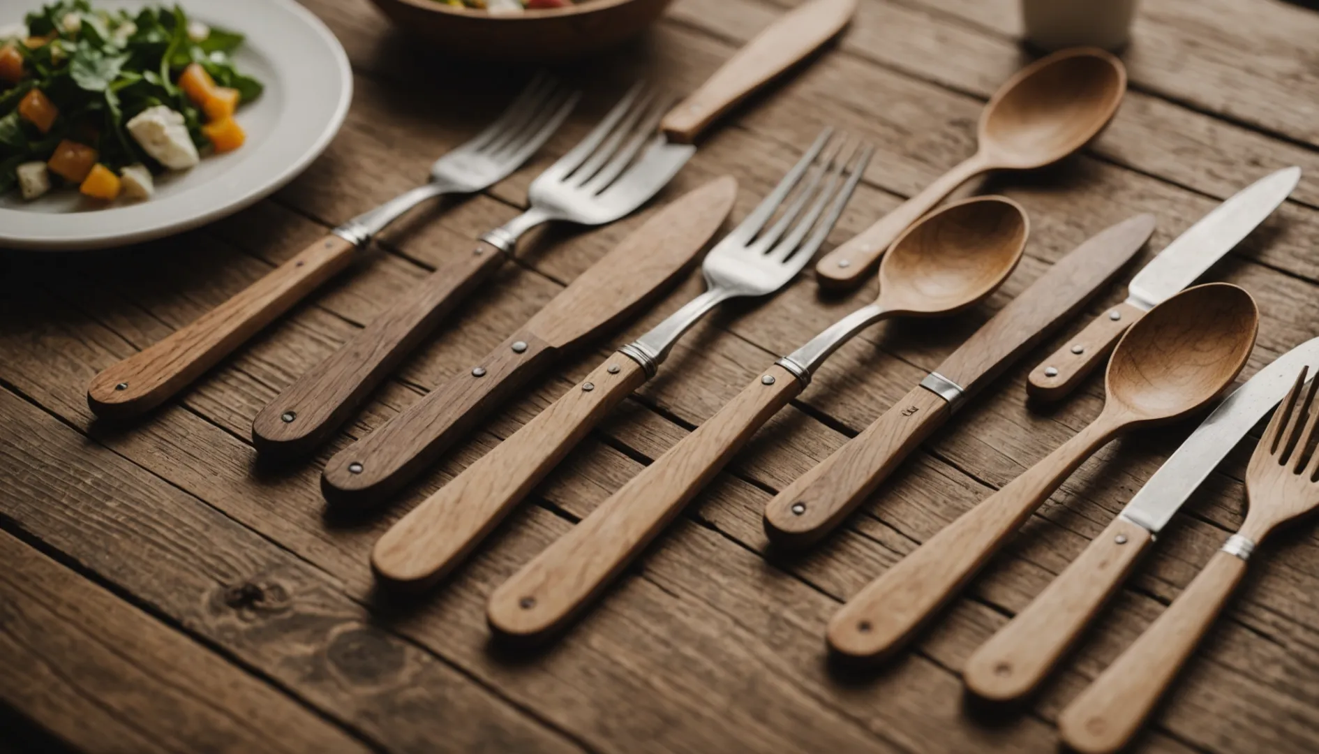 A variety of disposable wooden cutlery displayed on a rustic table.