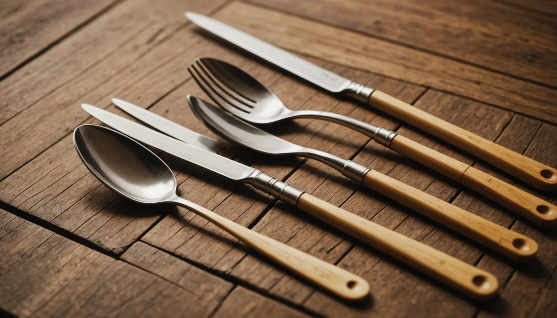 Close-up of bamboo cutlery set on a rustic table with sunlight
