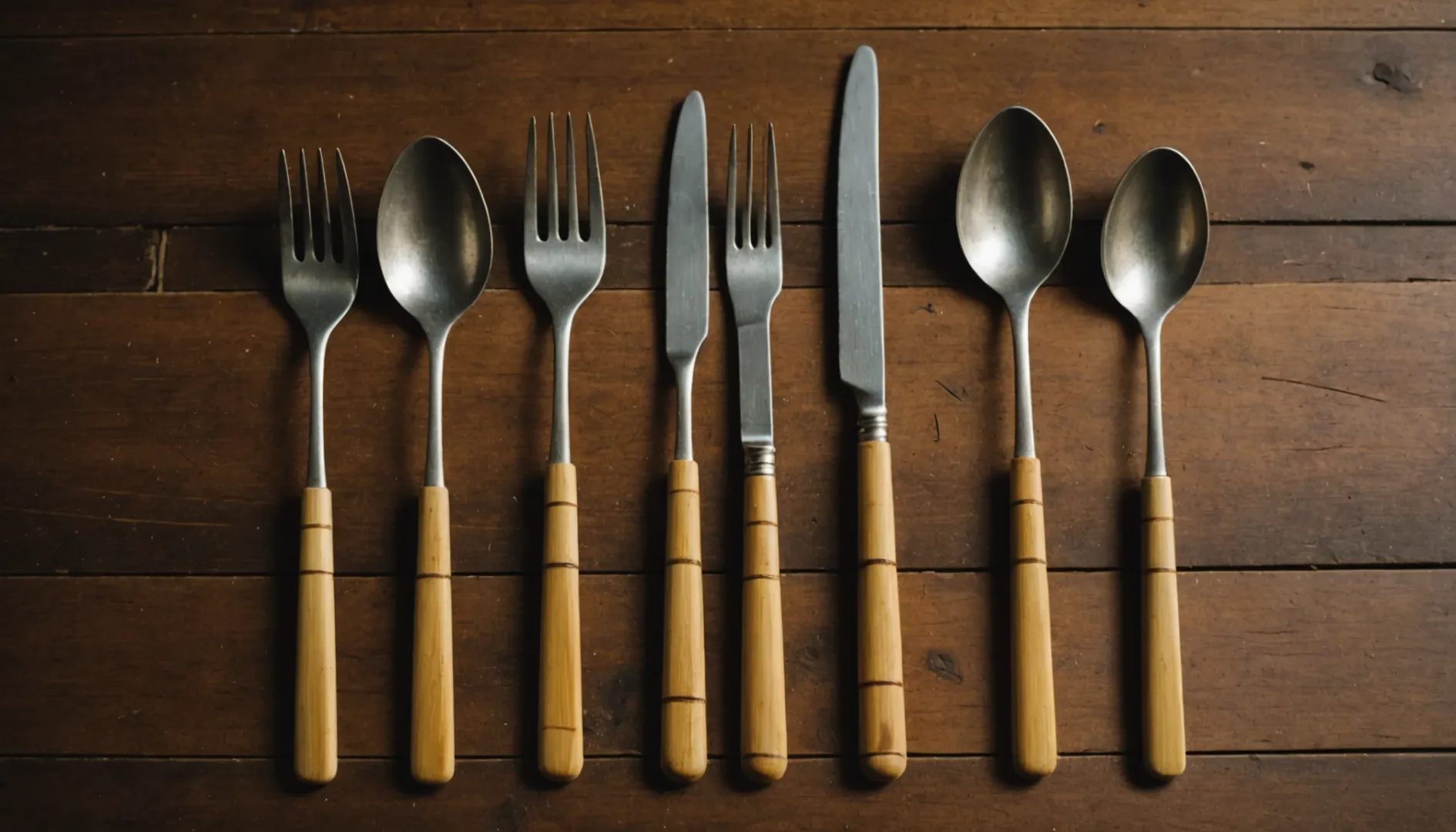 Close-up of a bamboo cutlery set on a wooden table
