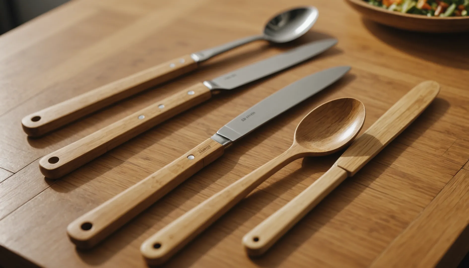 Comparison of bamboo and wooden cutlery on a kitchen counter