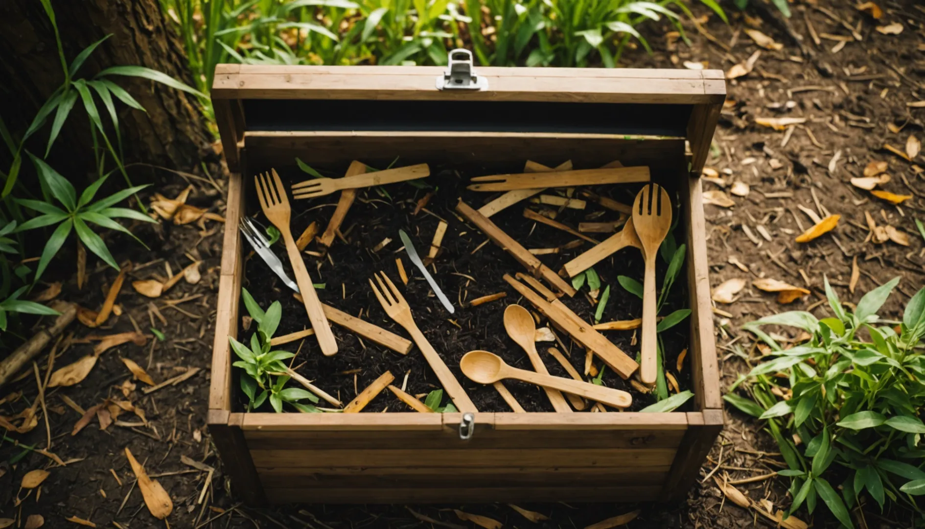 Bamboo and wooden cutlery in a compost bin