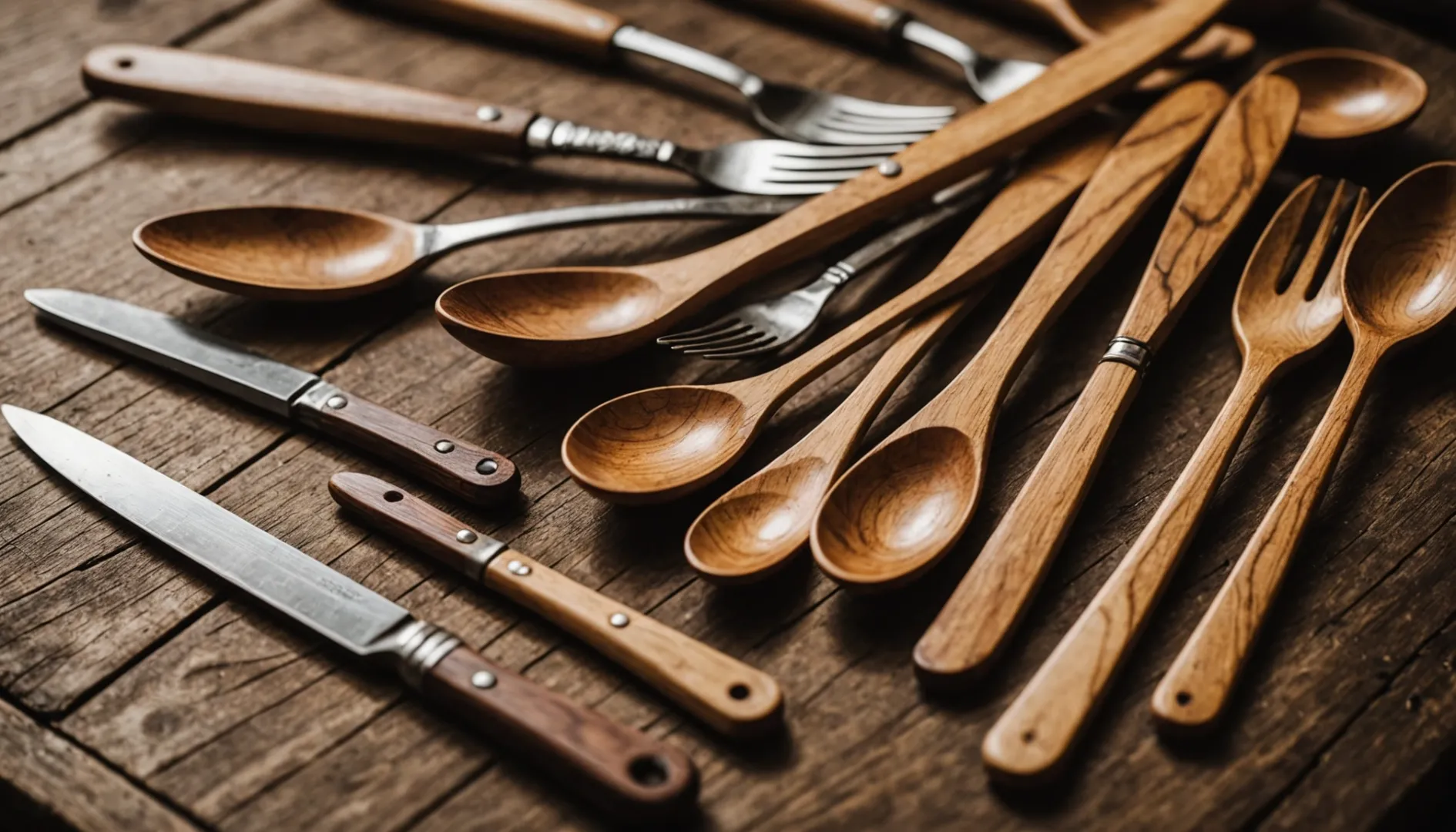 Various types of wooden cutlery on a wooden table