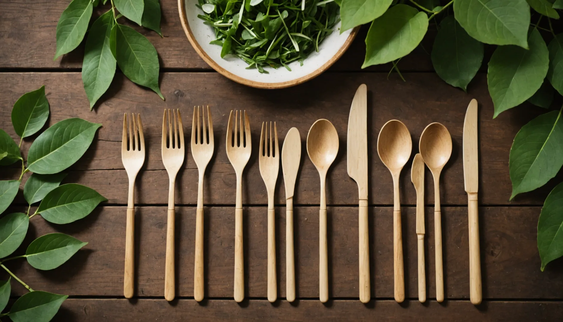 An arrangement of biodegradable wooden cutlery on a rustic table