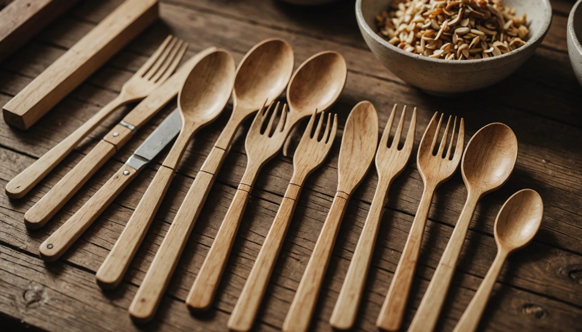 Assorted biodegradable wooden cutlery on a rustic wooden surface