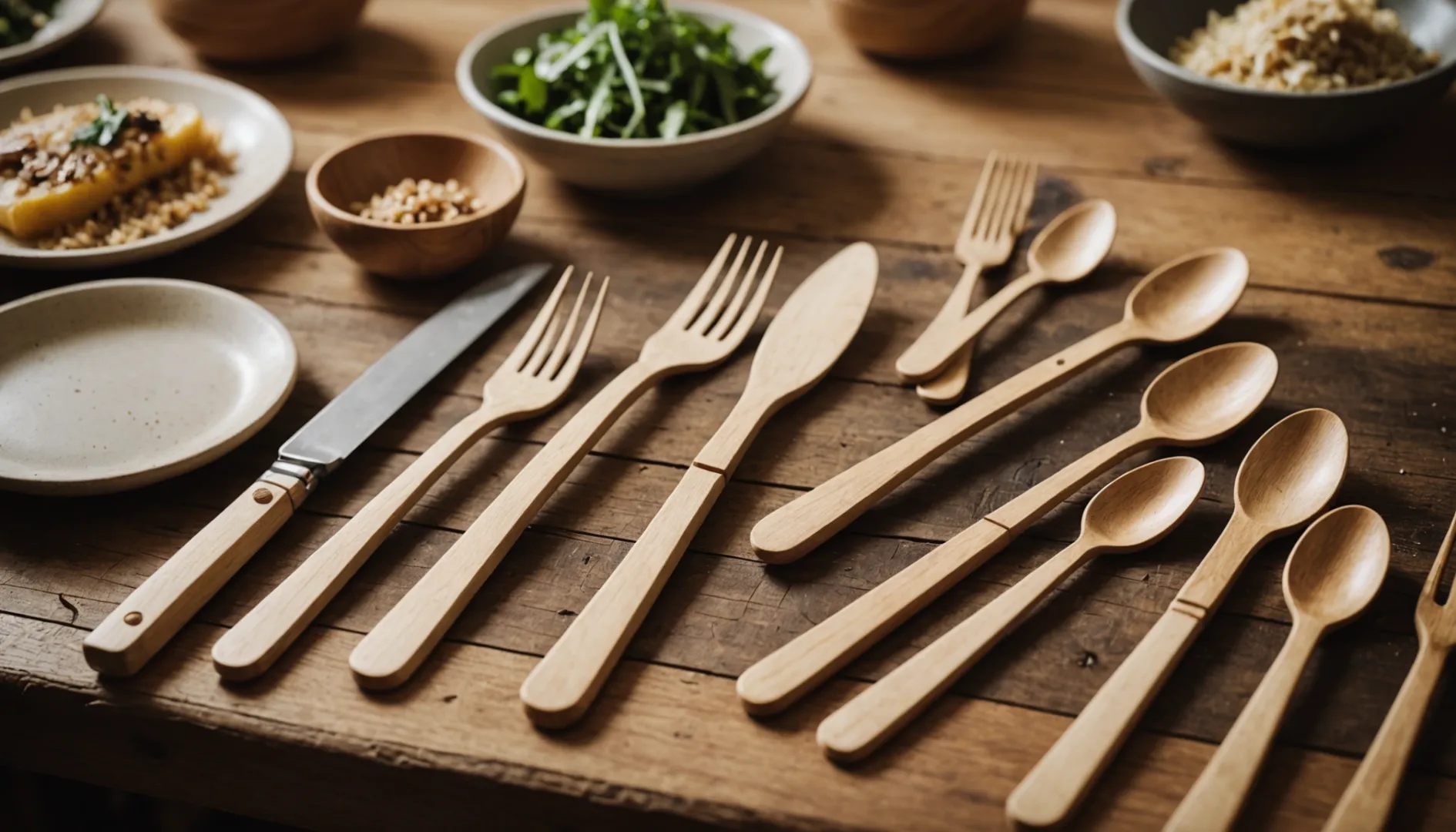 Collection of biodegradable wooden cutlery on a rustic table