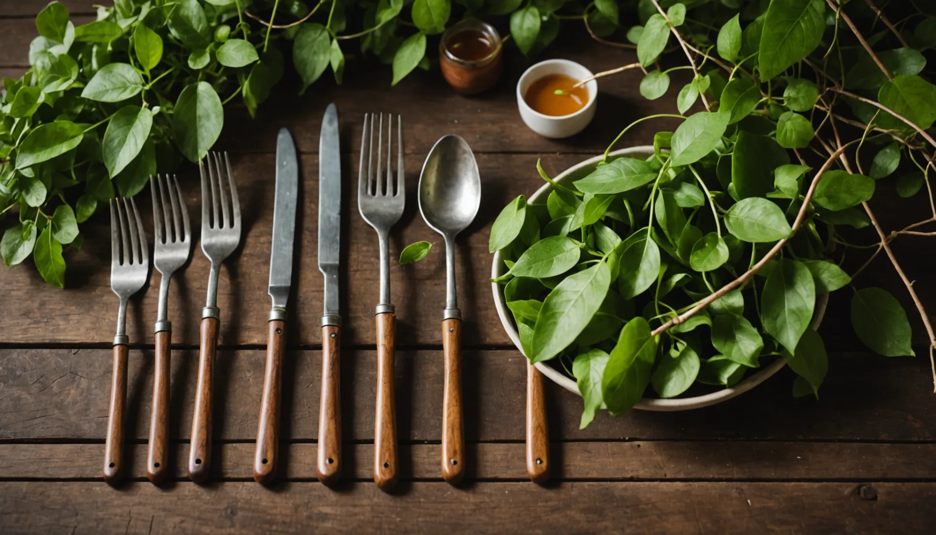 Biodegradable wooden cutlery on a rustic table