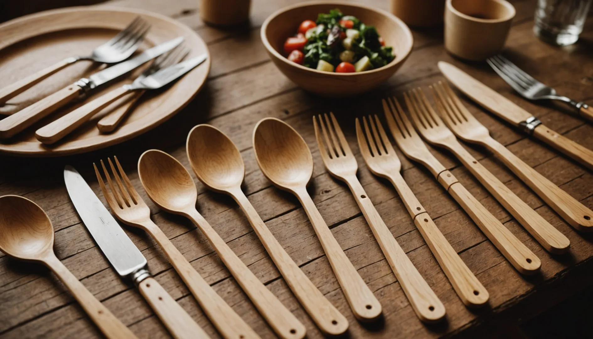 Close-up of biodegradable wooden cutlery on a rustic table