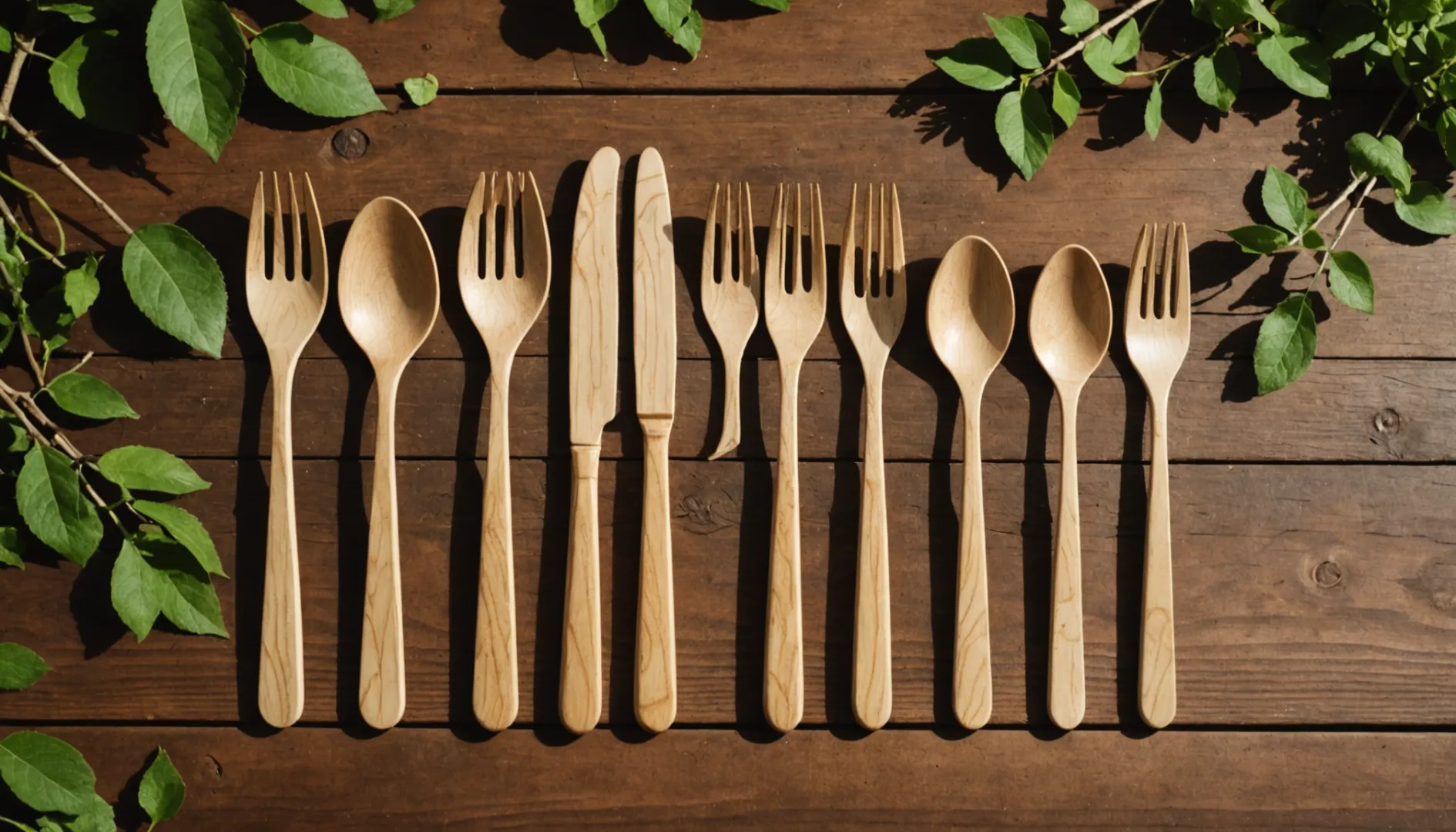 Eco-friendly wooden cutlery set on a rustic table