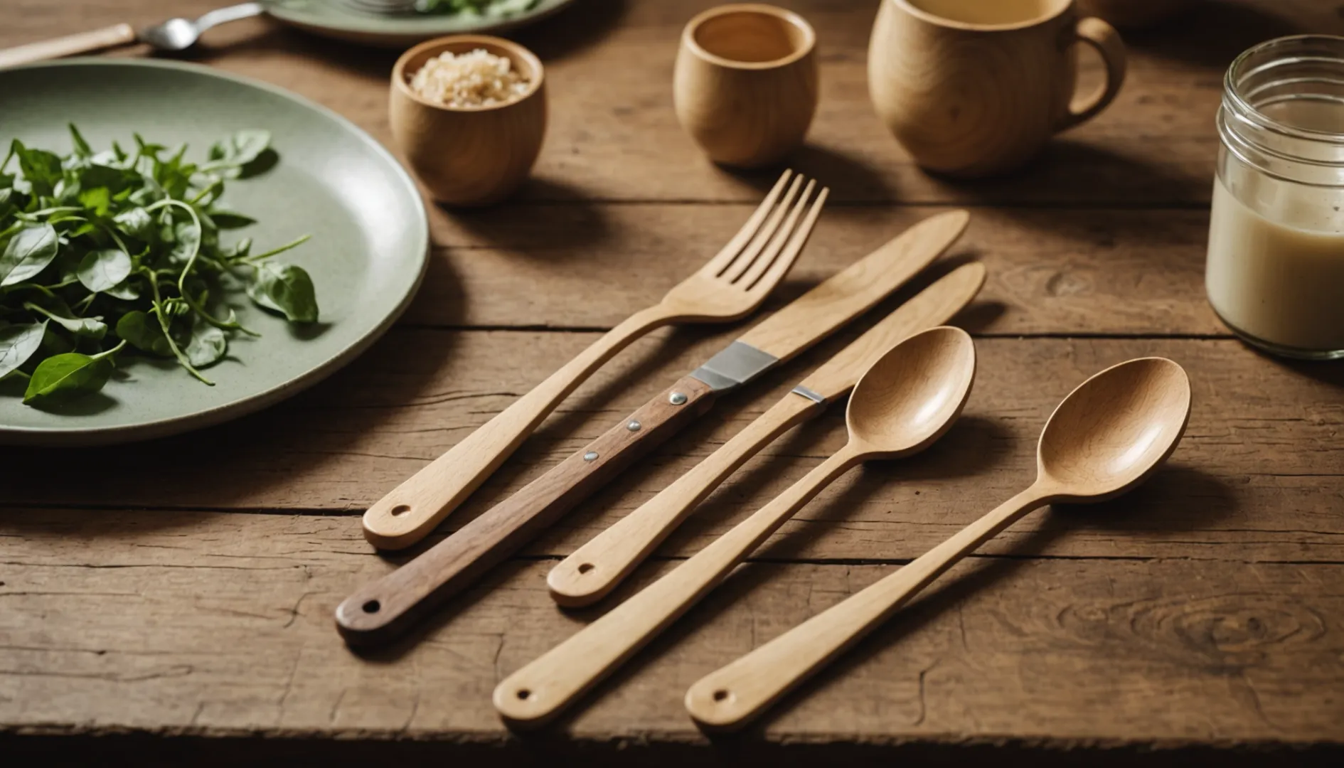 Eco-friendly wooden cutlery set on a rustic table