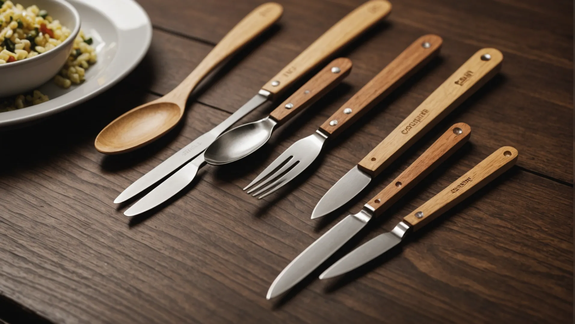 Assorted certified wooden cutlery with FSC, FDA, and LFGB labels displayed.