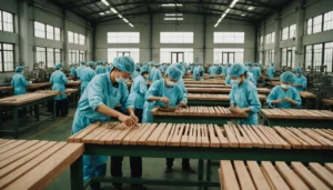 Inside view of a Chinese wooden cutlery manufacturing factory