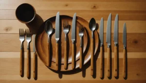 A collection of wooden cutlery with a Chinese landscape in the background.