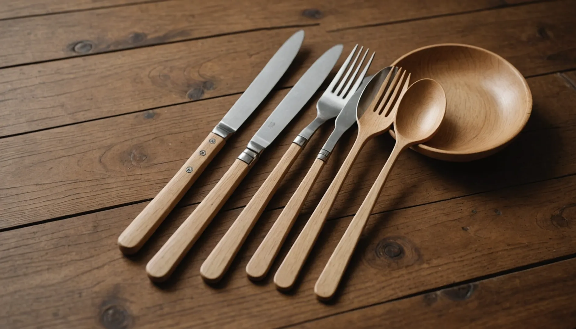 Chinese wooden cutlery laid out on a natural wooden table.
