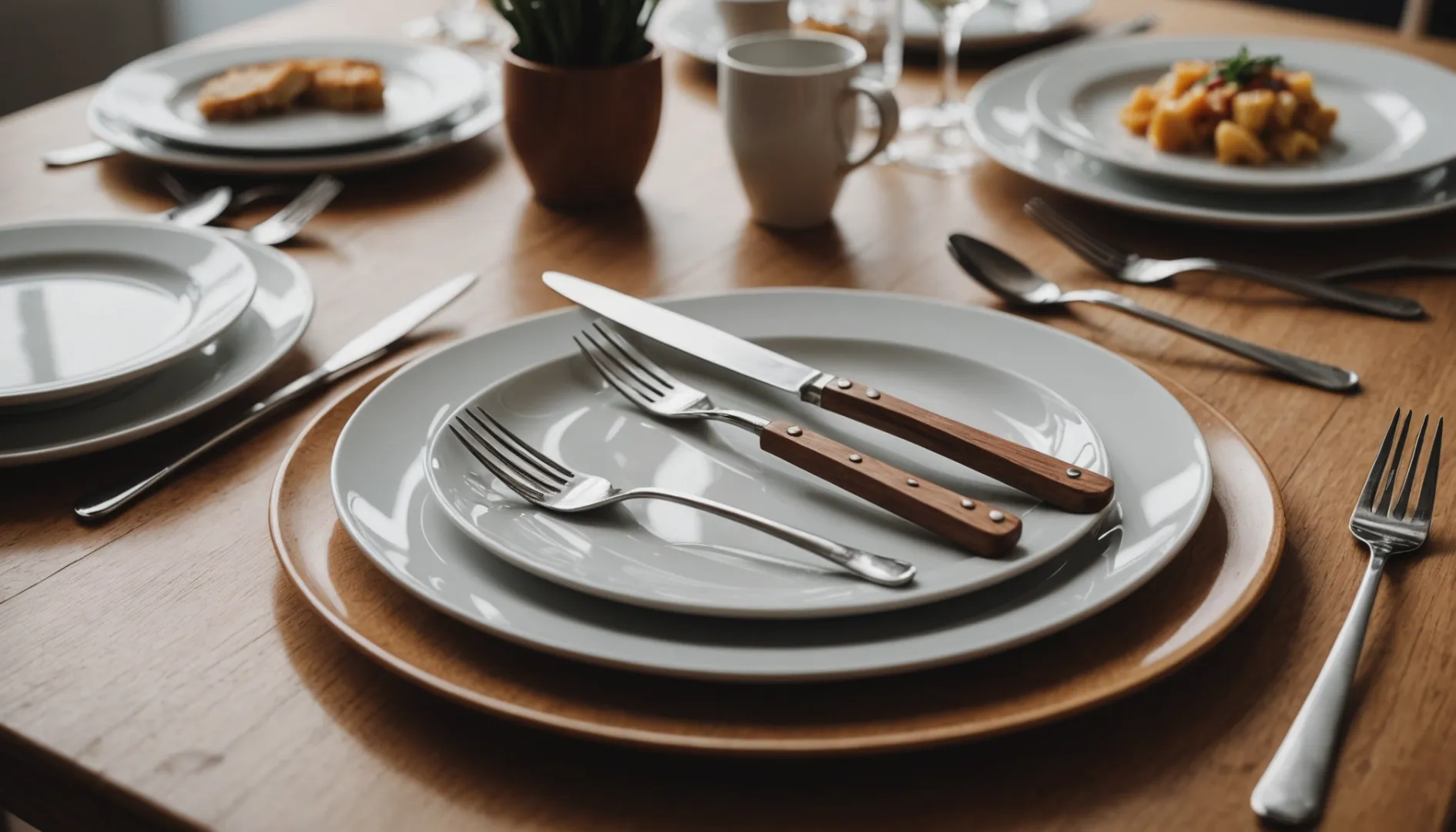 A clean dining table setting with polished wooden cutlery