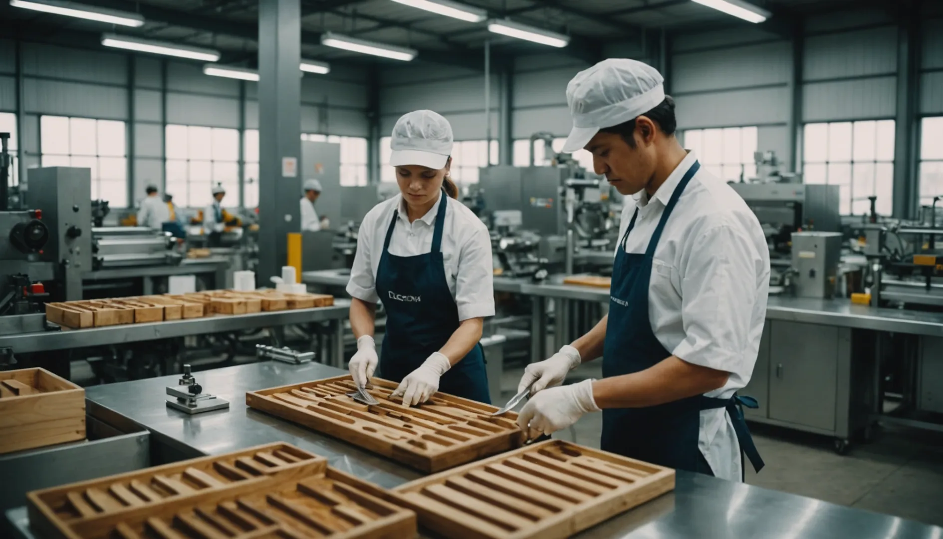 Workers in a clean manufacturing facility producing wooden cutlery