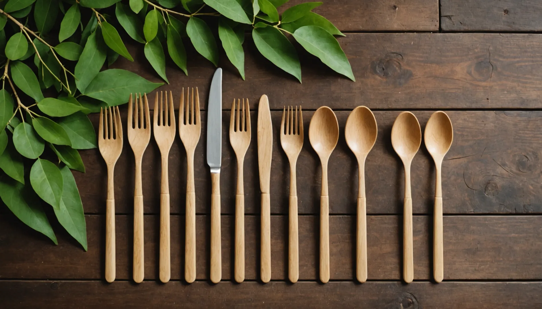 Close-up of wooden cutlery on a rustic table