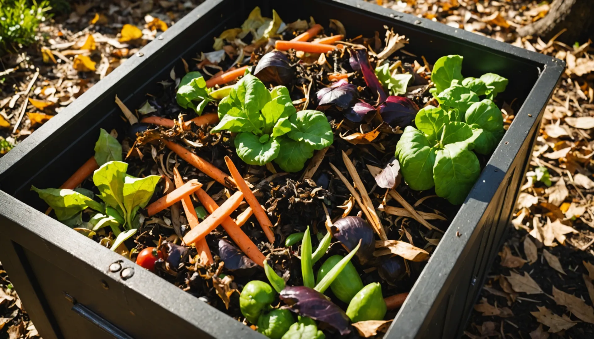 Close-up of an overflowing compost bin with organic waste and wooden cutlery