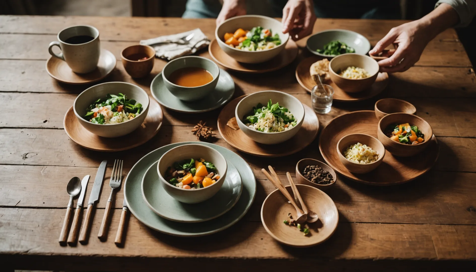 Compostable tableware set on a wooden table