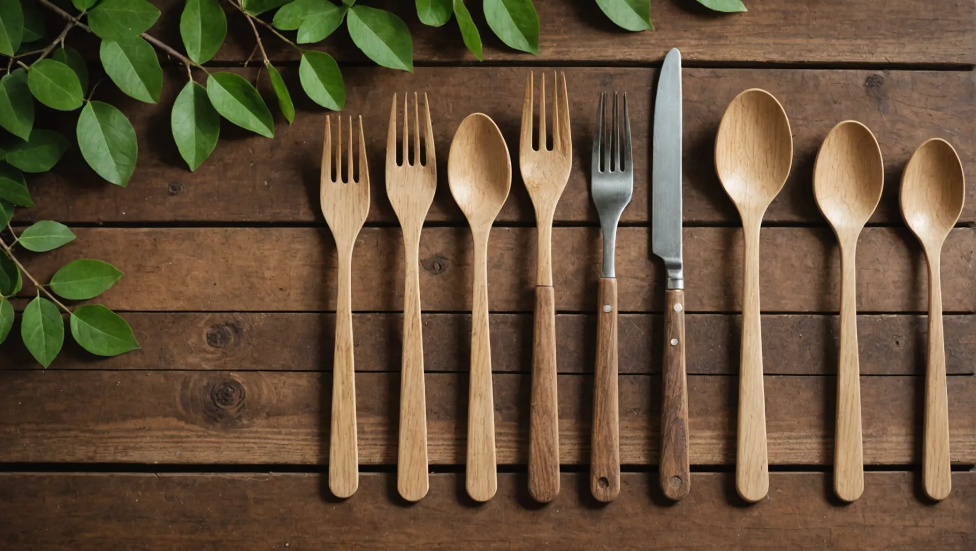 Wooden cutlery with compostable features on a natural background