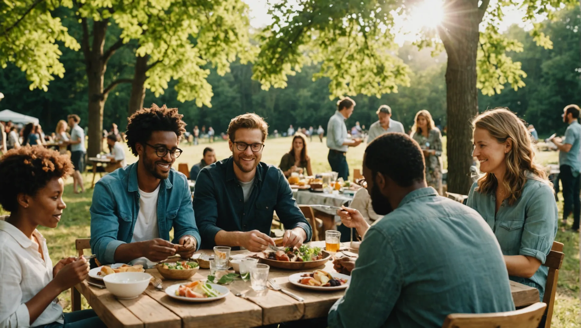 A diverse group of people using disposable wooden cutlery at an outdoor event.