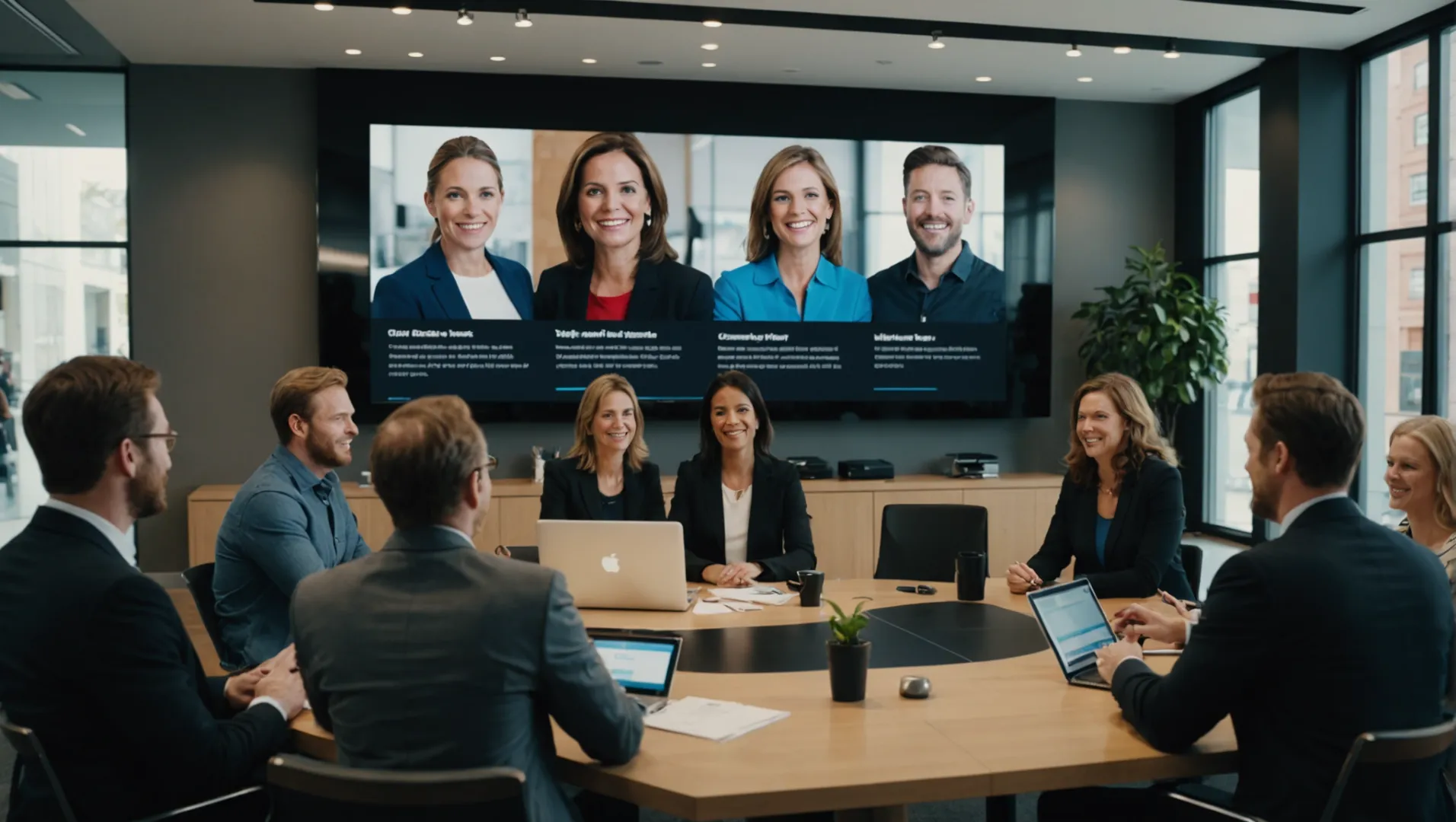 Customer testimonials displayed on a digital screen with people interacting