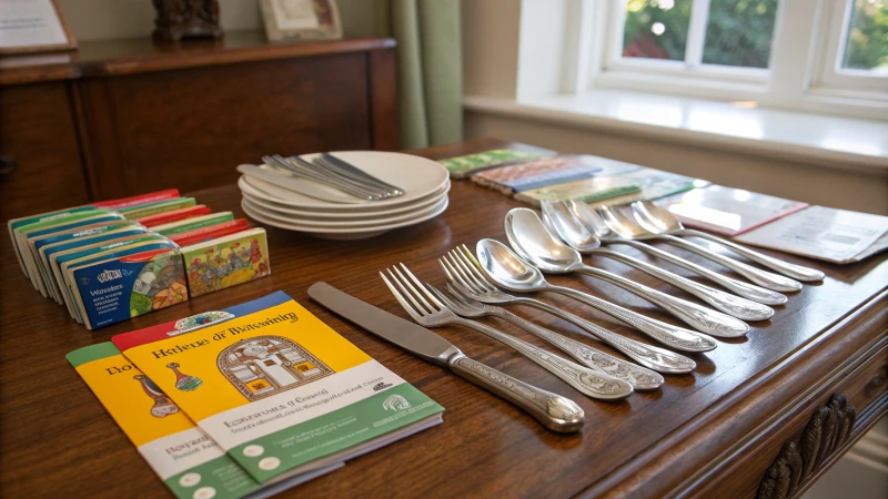 A display of cutlery and educational pamphlets on a wooden table