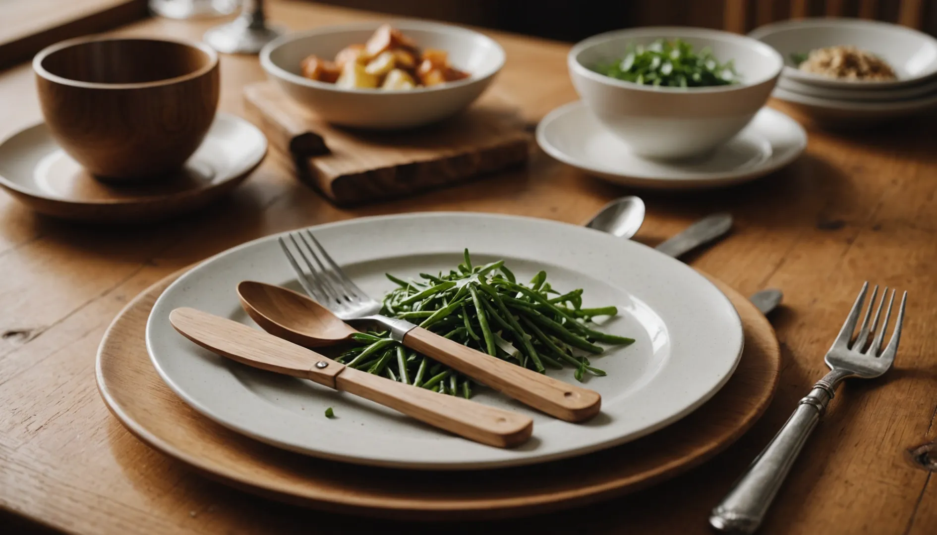 A rustic table setting with wooden and bagasse cutlery