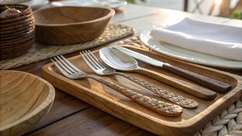 Close-up of a dining table with wooden, metal, and plastic cutlery