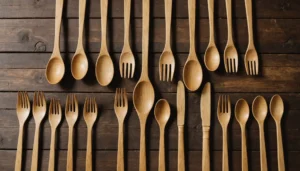 Various disposable cutlery options on a rustic wooden table