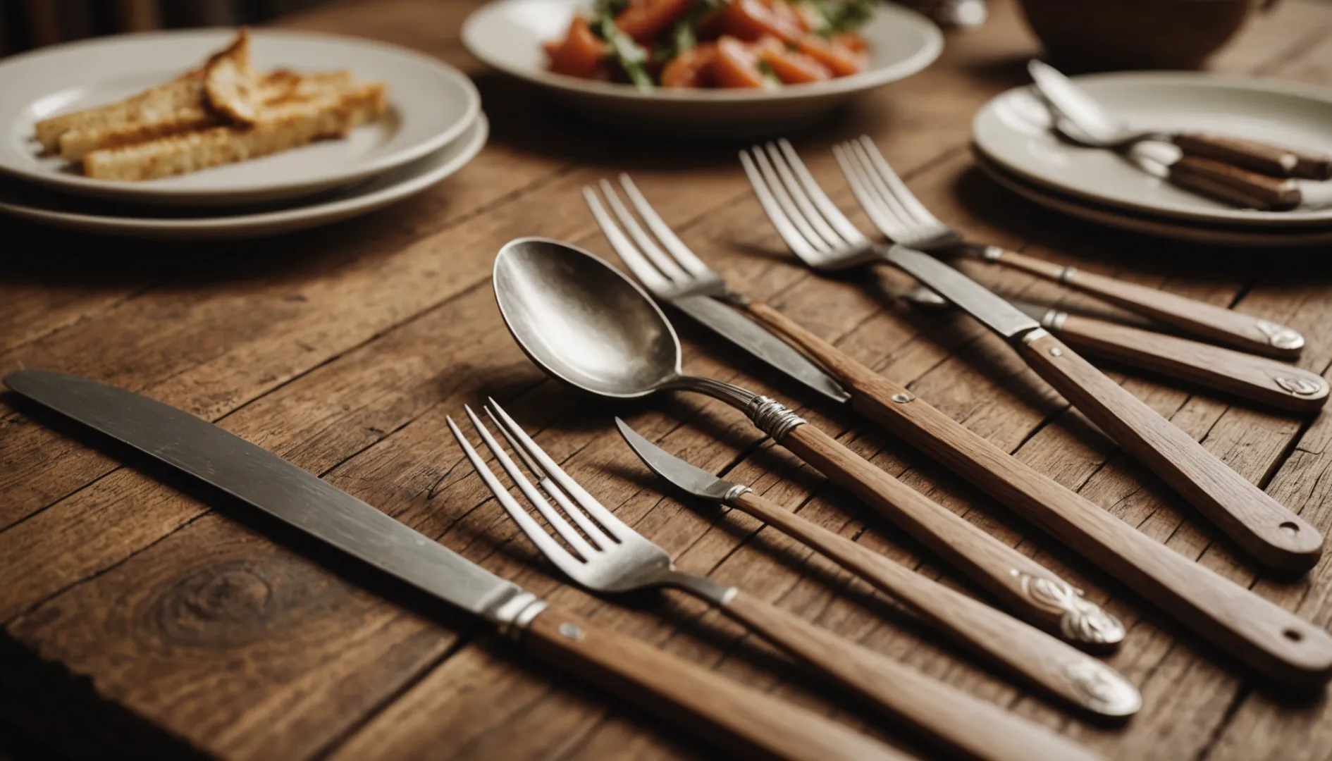 Elegant arrangement of disposable wooden cutlery on a rustic table