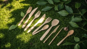 Wooden cutlery on grass