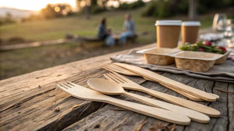 An arrangement of disposable wooden cutlery on a rustic wooden table.