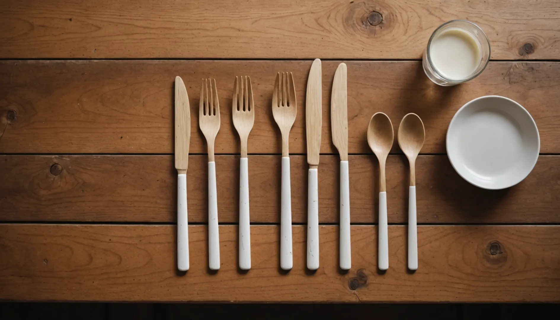 A comparison of wooden and bagasse cutlery on a rustic table