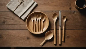 A set of disposable wooden cutlery alongside paper-based utensils on a wooden table.