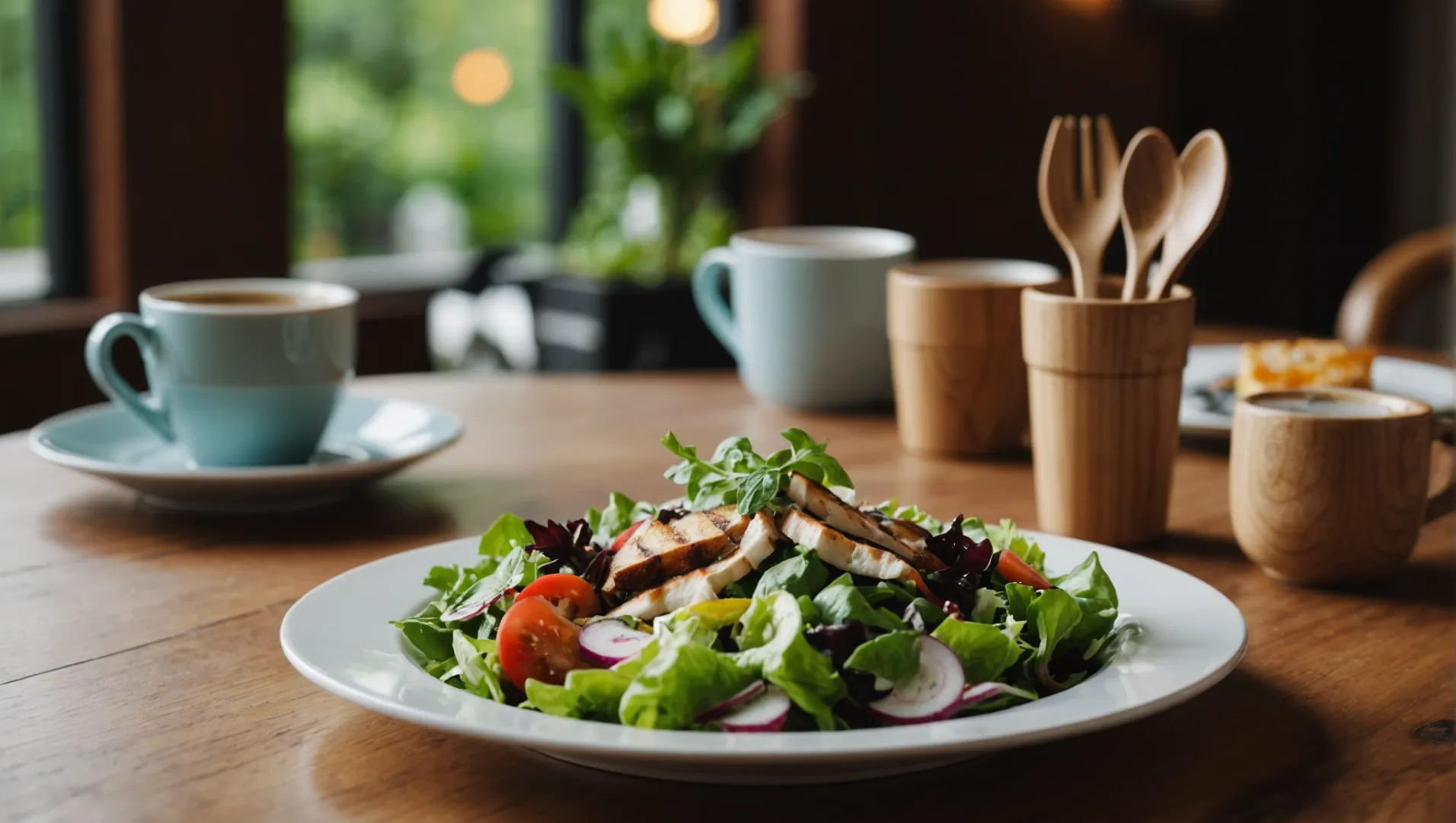 Disposable wooden cutlery with a salad and a cup of coffee