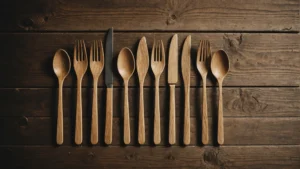 A collection of disposable wooden cutlery on a rustic table.