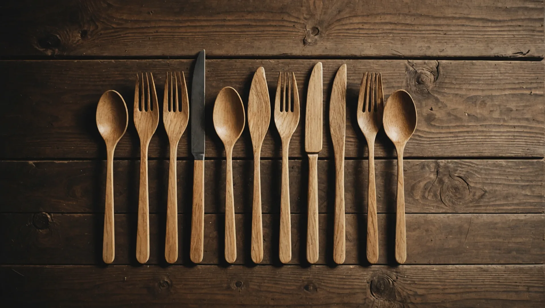 A collection of disposable wooden cutlery on a rustic table.