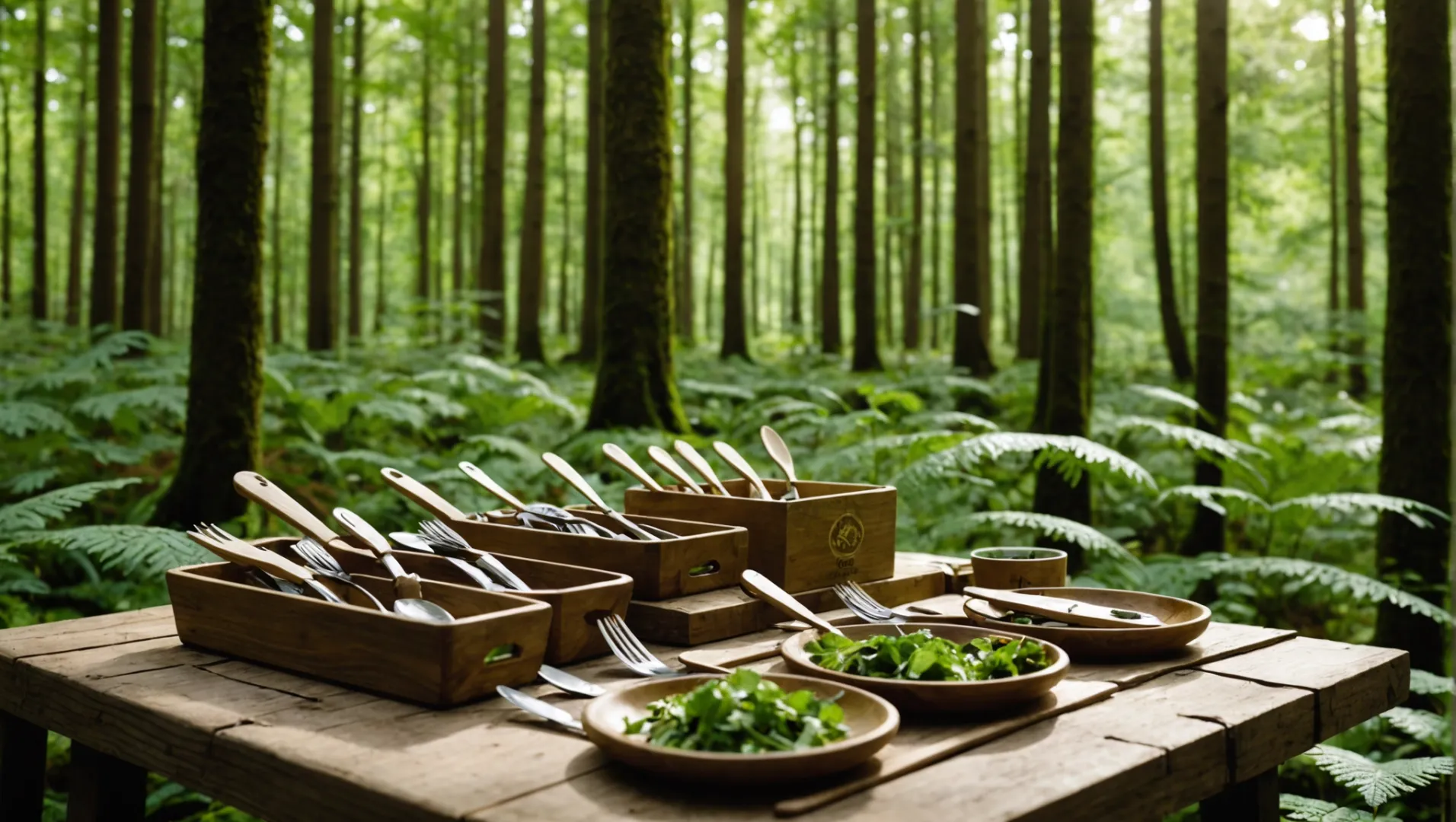 A manufacturer displaying eco-certifications with wooden cutlery in a sustainable forest setting