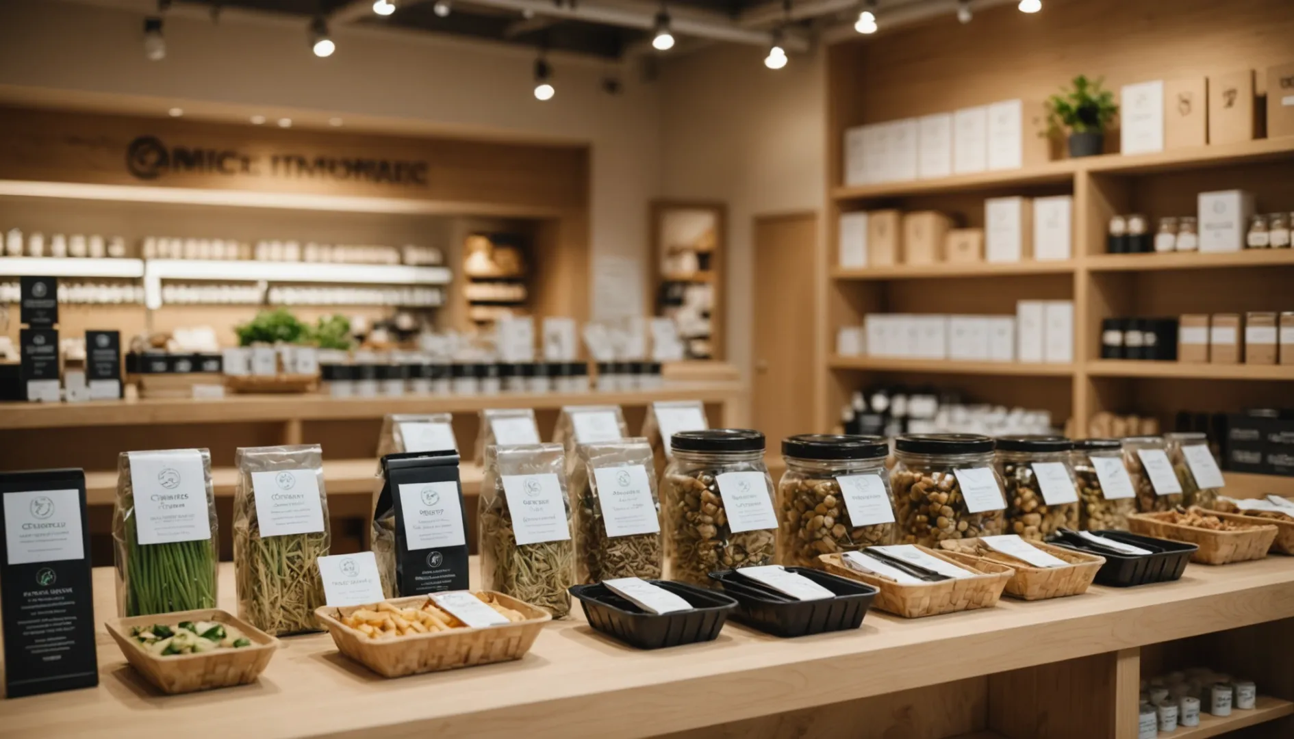Eco-certified products on display with various certifications visible