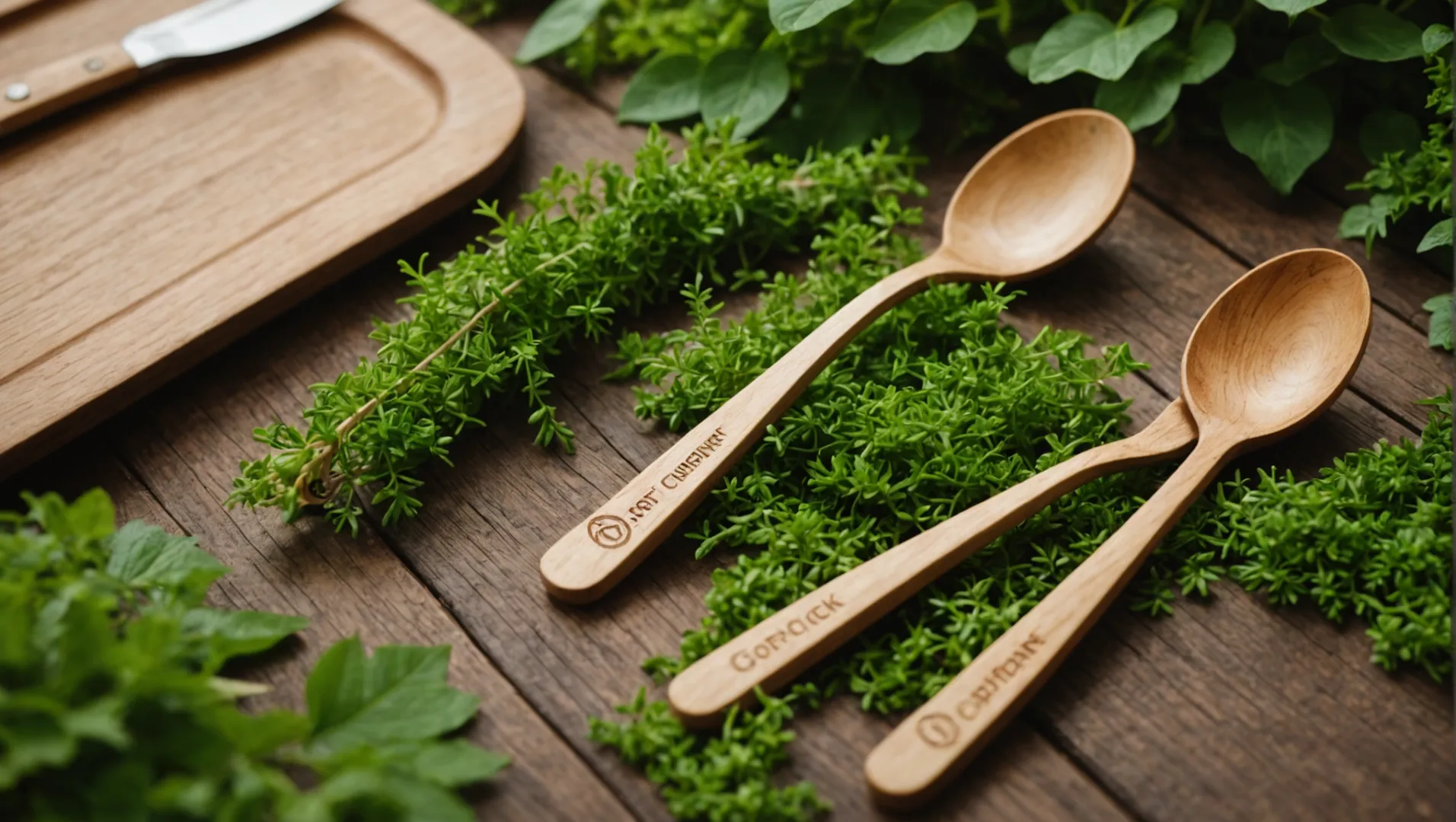Eco-certified wooden cutlery with green leaves and FSC label