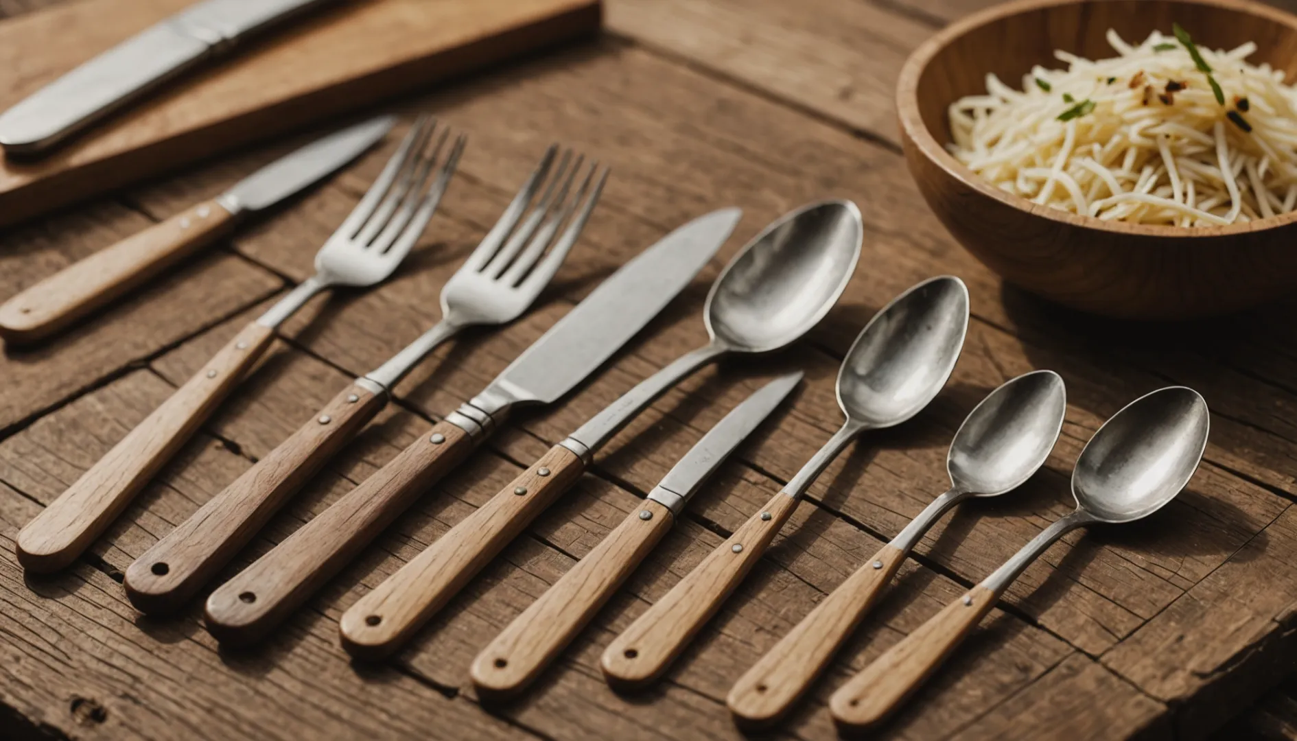 Eco-certified wooden cutlery set displayed on a wooden table.