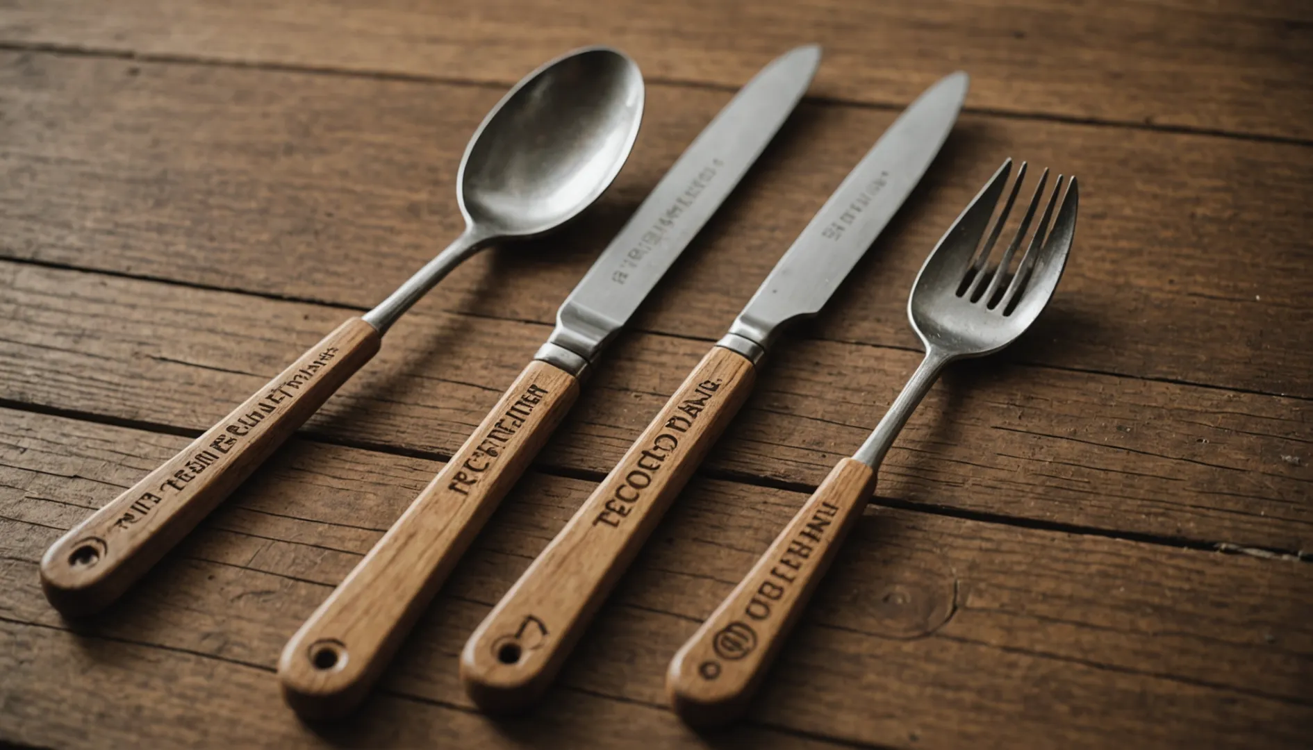 Wooden cutlery set with eco-certification labels