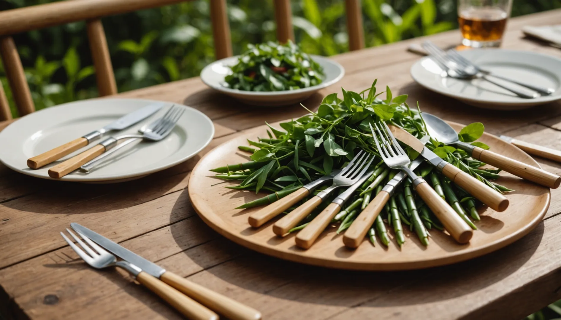 Eco-friendly bamboo and birch wood cutlery on a rustic table outdoors