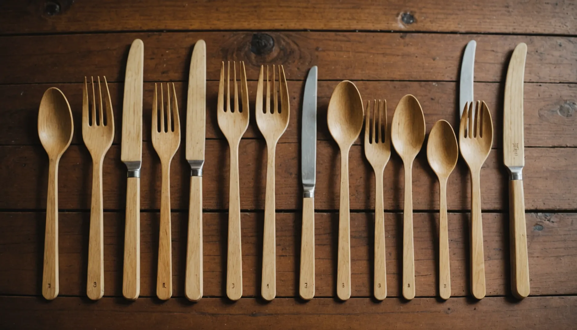 Various eco-friendly cutlery made from wood, bamboo, and biodegradable materials displayed on a table.