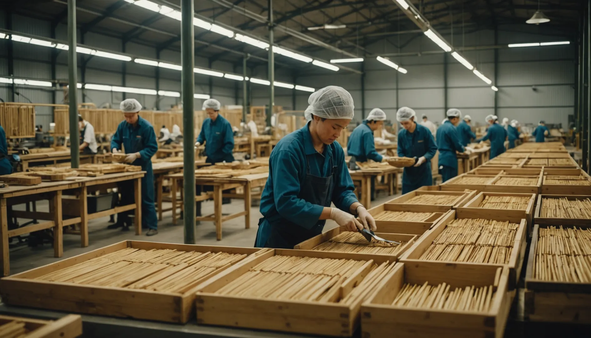 Interior of an eco-friendly factory producing bamboo and birch wood cutlery
