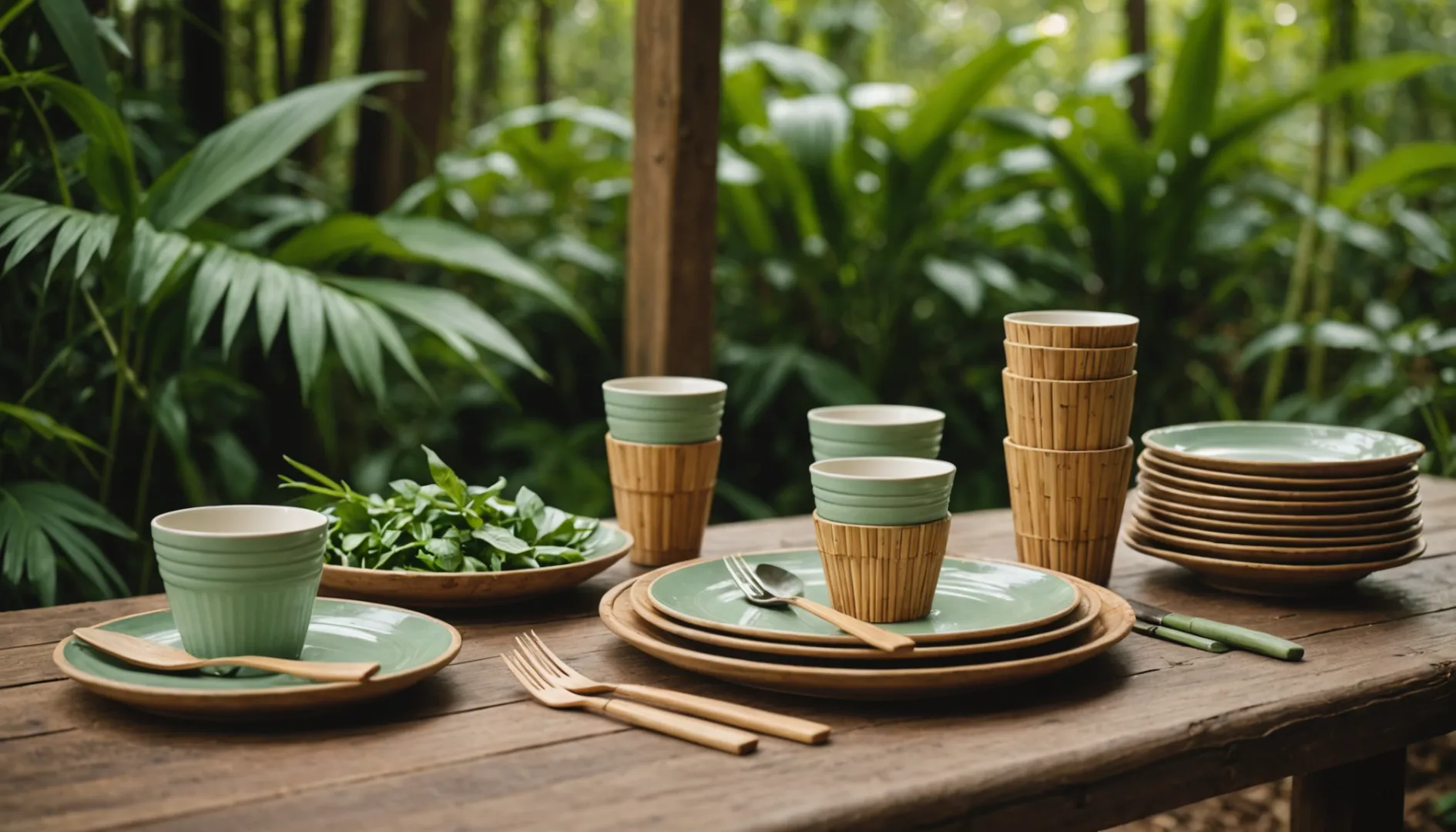 Eco-friendly tableware on rustic wooden table with greenery