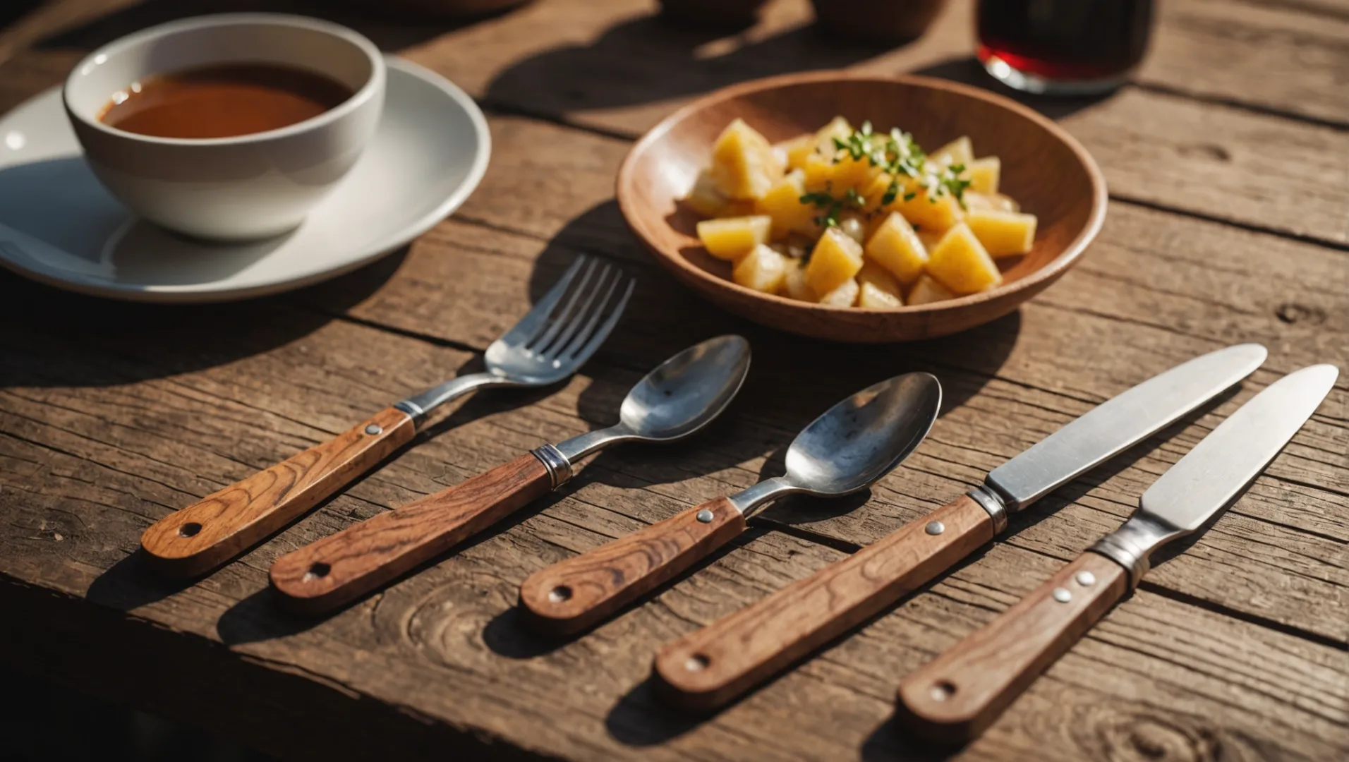 A set of wooden cutlery with natural oil coating, placed on a rustic table.