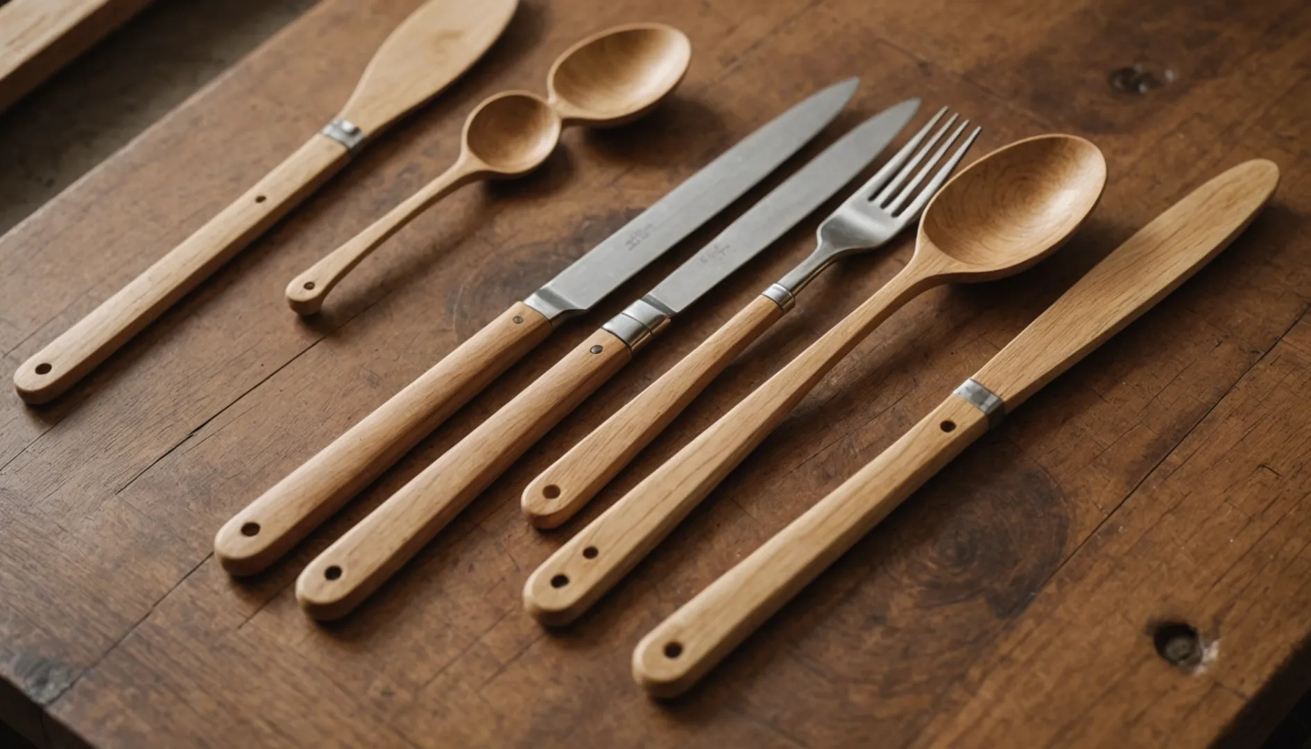 Close-up of eco-friendly wooden cutlery on a rustic counter