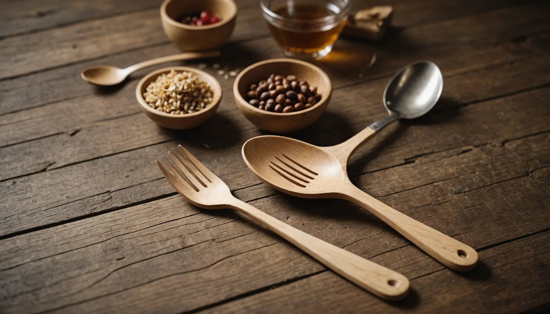 Eco-friendly wooden cutlery on a rustic wooden table