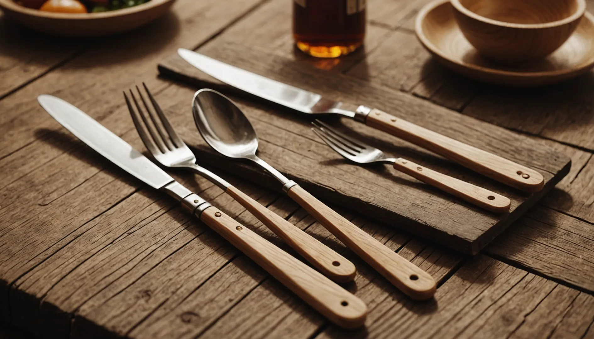 Wooden cutlery set on a rustic table